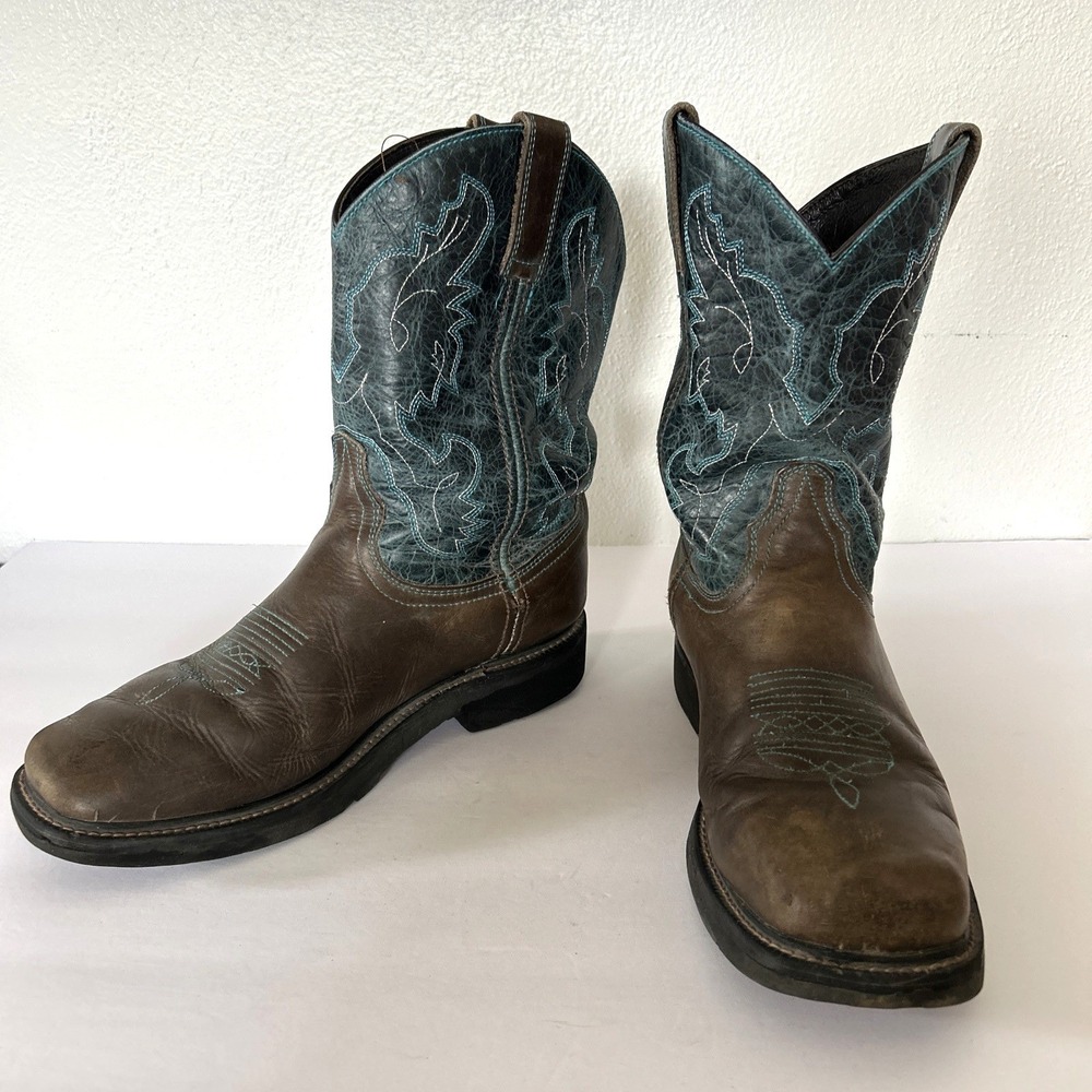JB Dillon Leather Cowboy Western Boots Brown Turquoise Blue JBA1115 Reserve 10 D